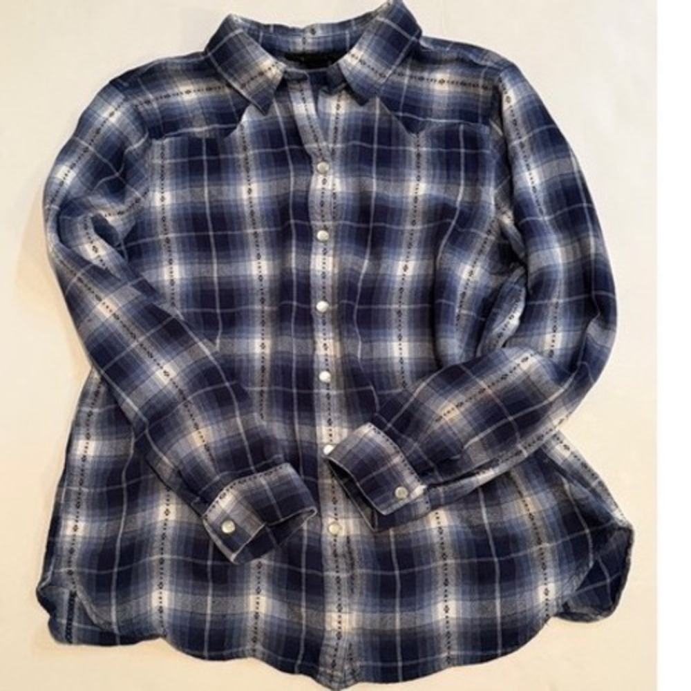 Jane + Delancey Blue Plaid Western Snap Button Down Rayon Shirt Mens Medium